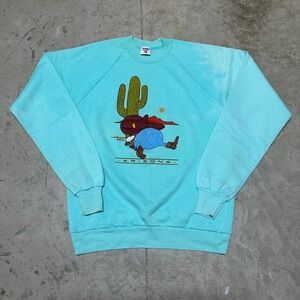 Vintage Sleeping Cowboy Sweatshirt Adult Large Blue Raglan Crewneck 80's Sunbelt